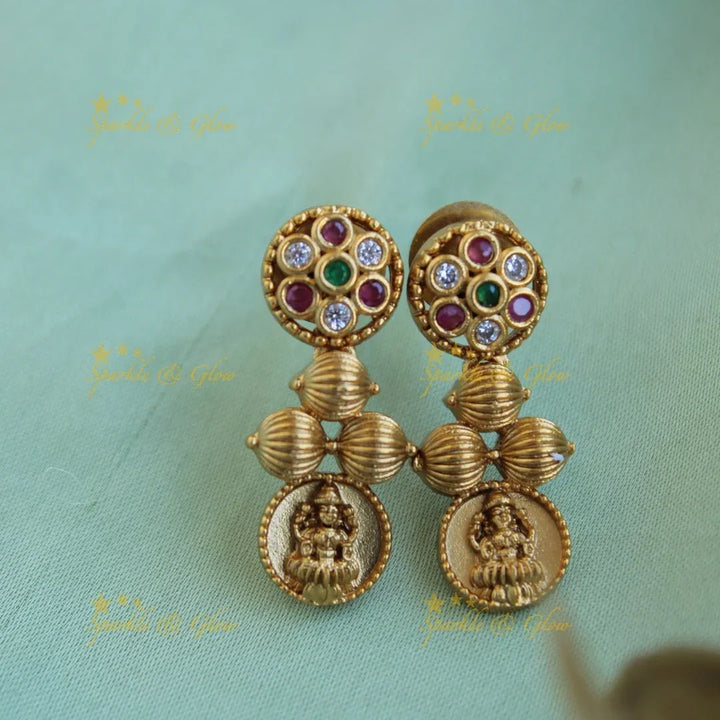 Gold alike Lakshmi coin short necklace with ruby emerald and white stones - Sparkle and Glow