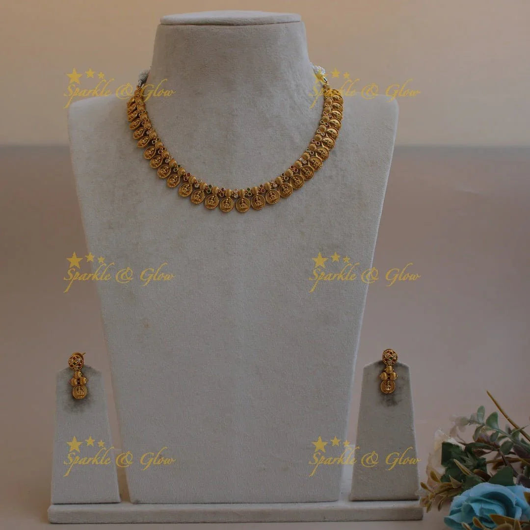 Gold alike Lakshmi coin short necklace with ruby emerald and white stones - Sparkle and Glow