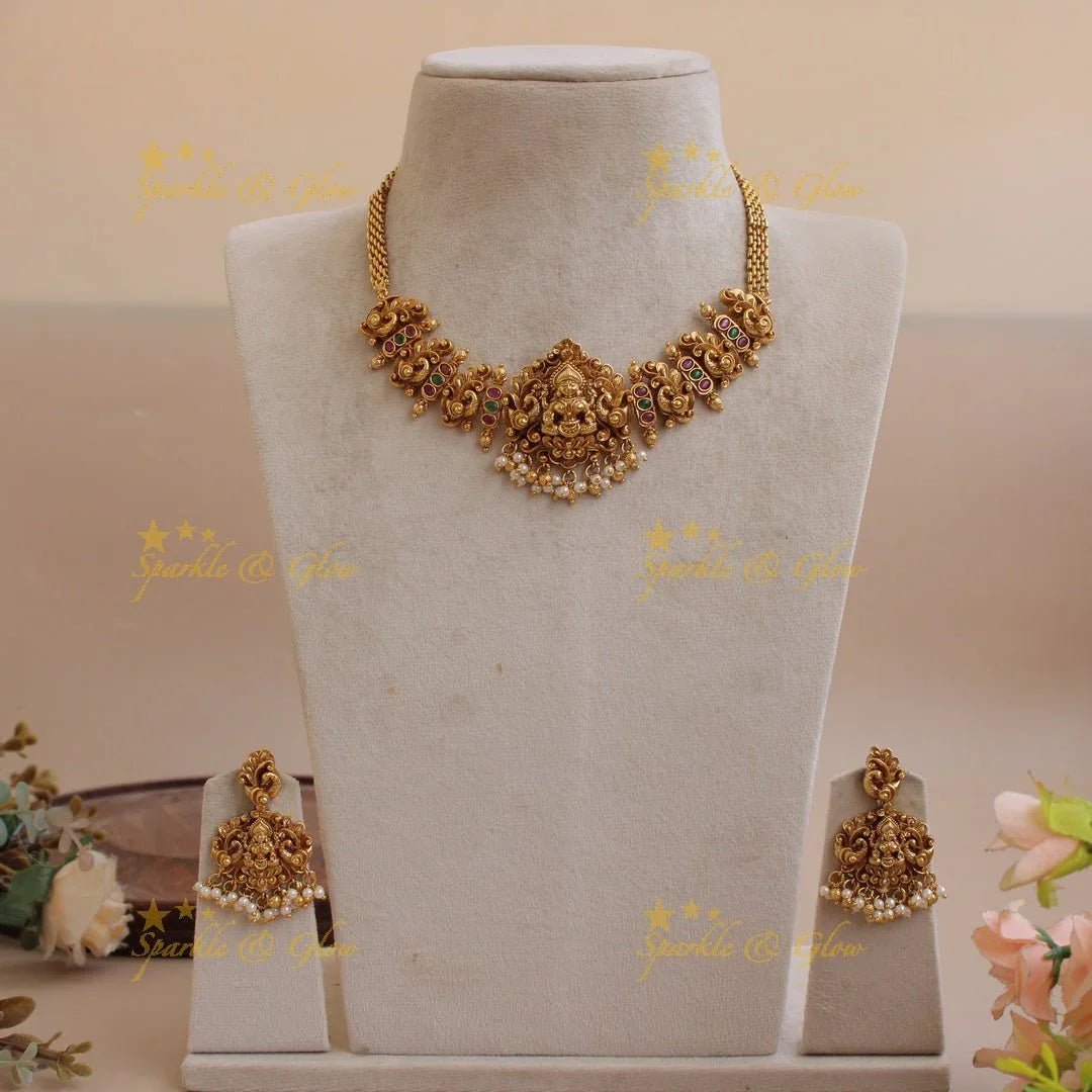 Elegant Lakshmi peacock carved choker with ruby emerald and gold beads - Sparkle and Glow