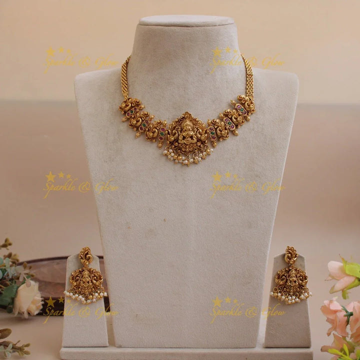 Elegant Lakshmi peacock carved choker with ruby emerald and gold beads - Sparkle and Glow