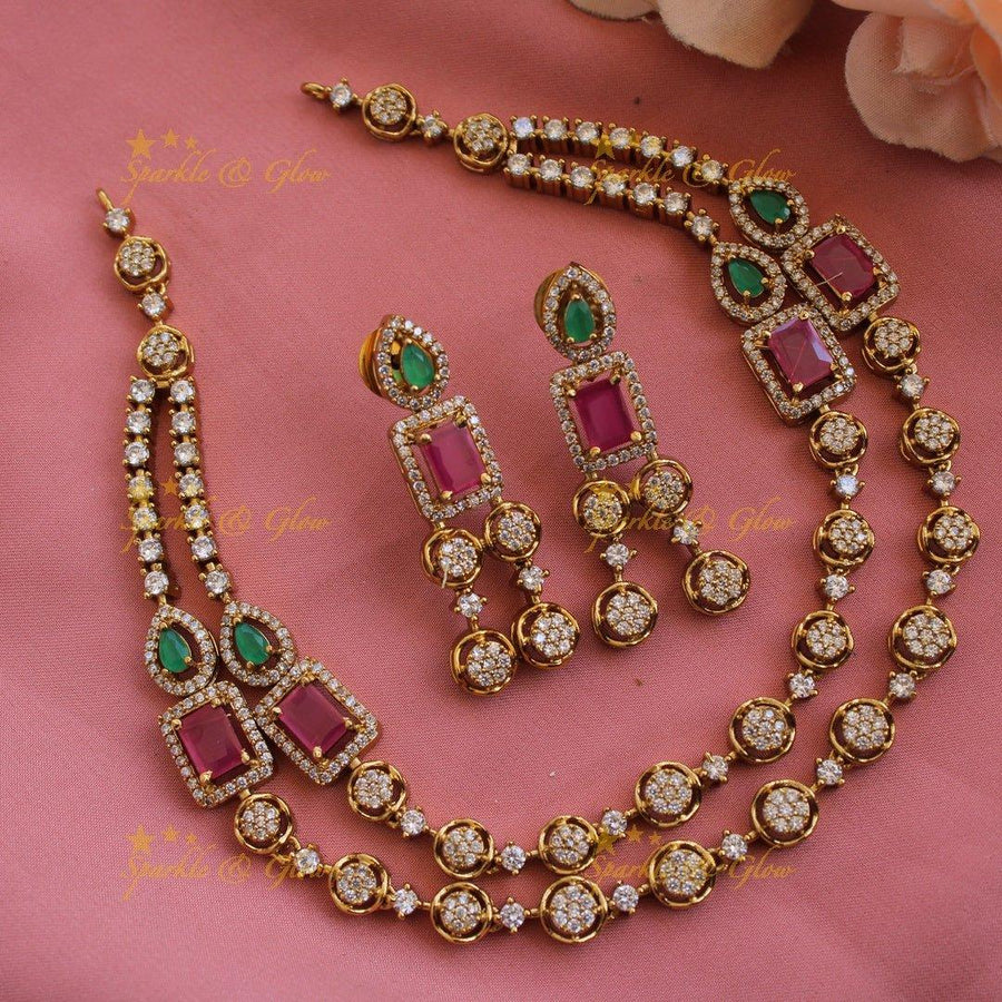 Exclusive Circle and square design two layer AD short necklace with ruby and emerald - Sparkle and Glow