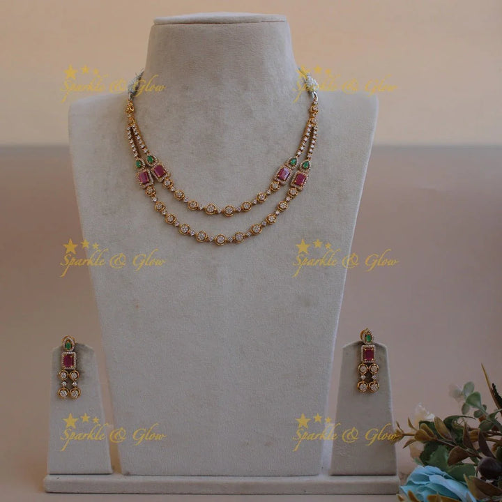 Exclusive Circle and square design two layer AD short necklace with ruby and emerald - Sparkle and Glow