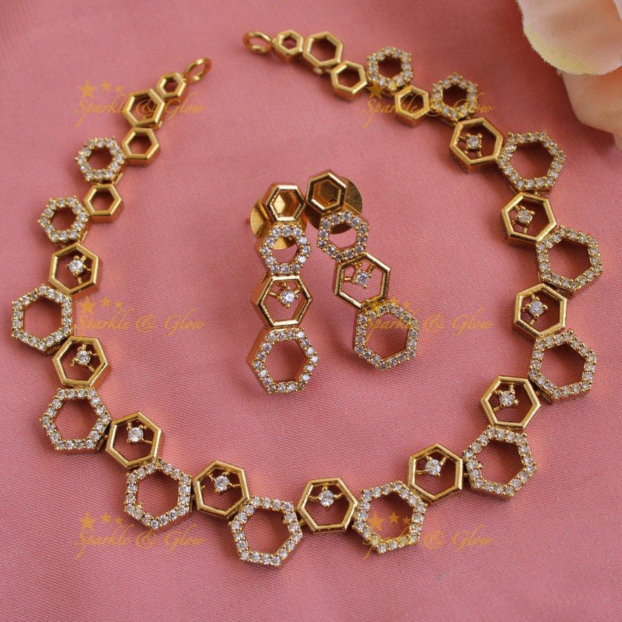 Elegant Hexagon design AD short necklace - Sparkle and Glow