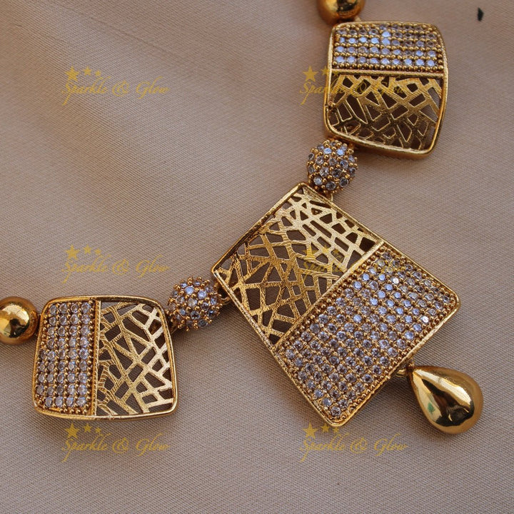 Premium Matt geometric design short Necklace with CZ stones - Sparkle and Glow - Back Thread - 