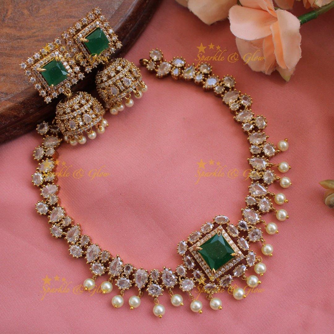 Stunning square stone pendant AD short necklace with emerald and pearl drops - Sparkle and Glow