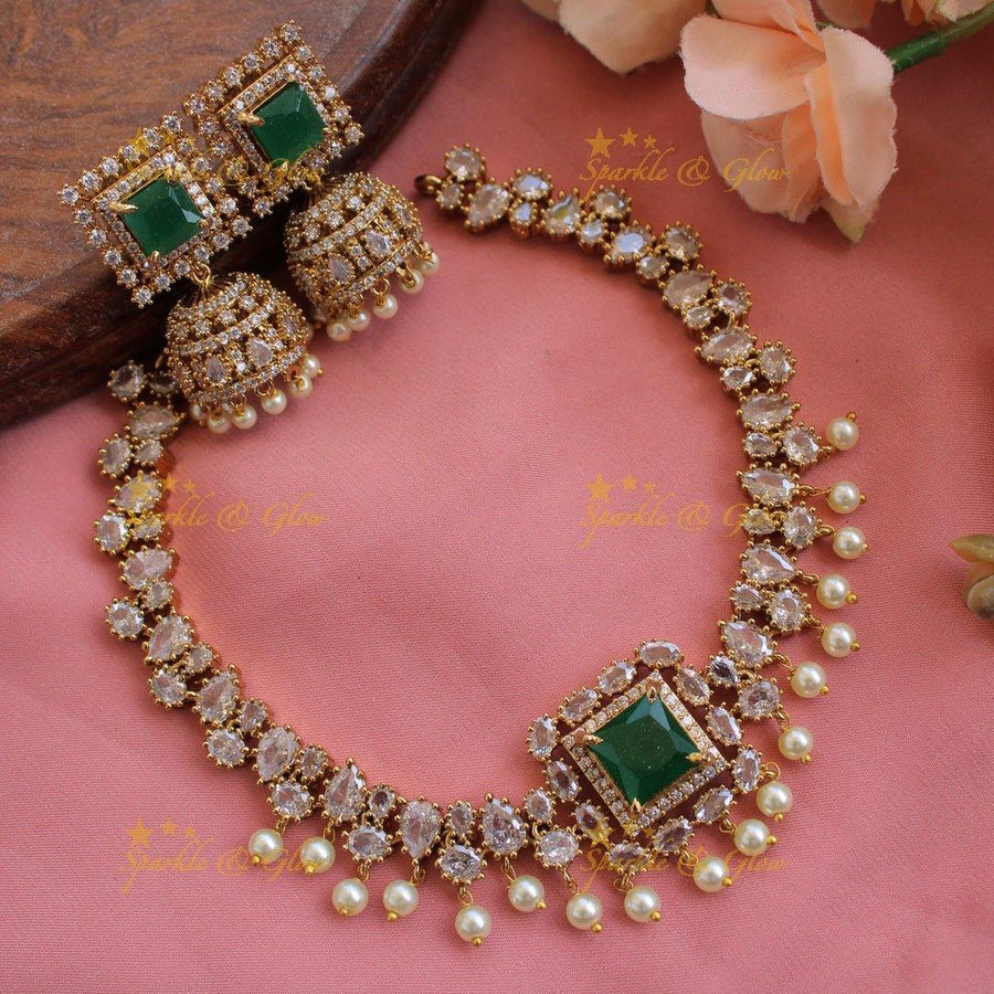 Stunning square stone pendant AD short necklace with emerald and pearl drops - Sparkle and Glow