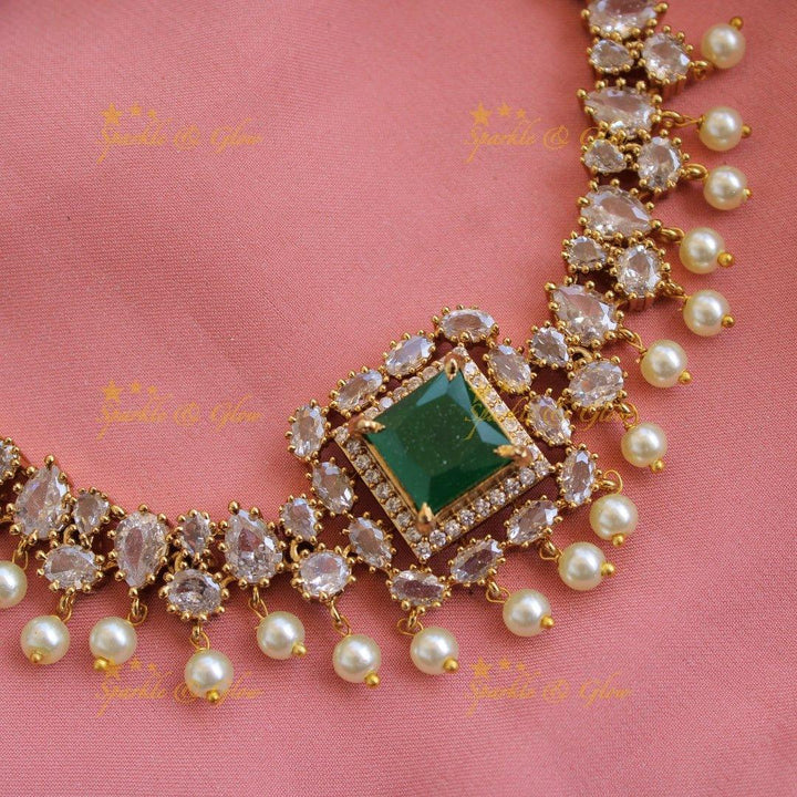 Stunning square stone pendant AD short necklace with emerald and pearl drops - Sparkle and Glow
