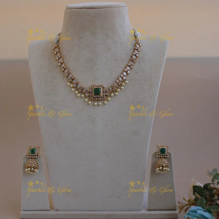 Stunning square stone pendant AD short necklace with emerald and pearl drops - Sparkle and Glow