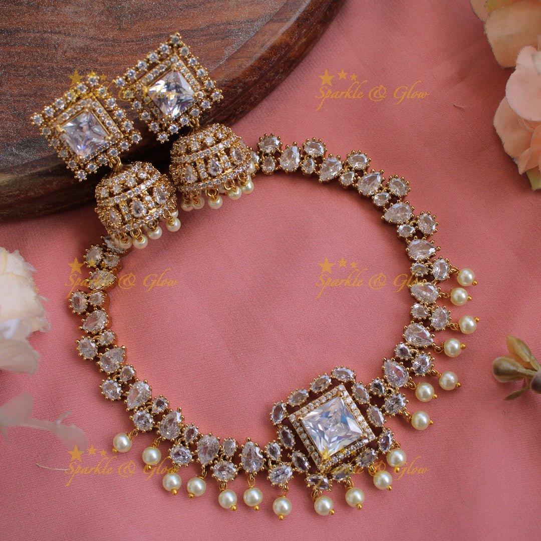Stunning square stone pendant AD short necklace with white stone and pearl drops - Sparkle and Glow