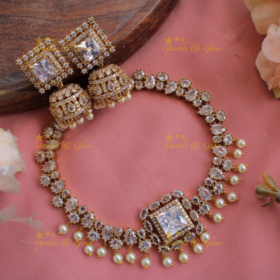 Stunning square stone pendant AD short necklace with white stone and pearl drops - Sparkle and Glow