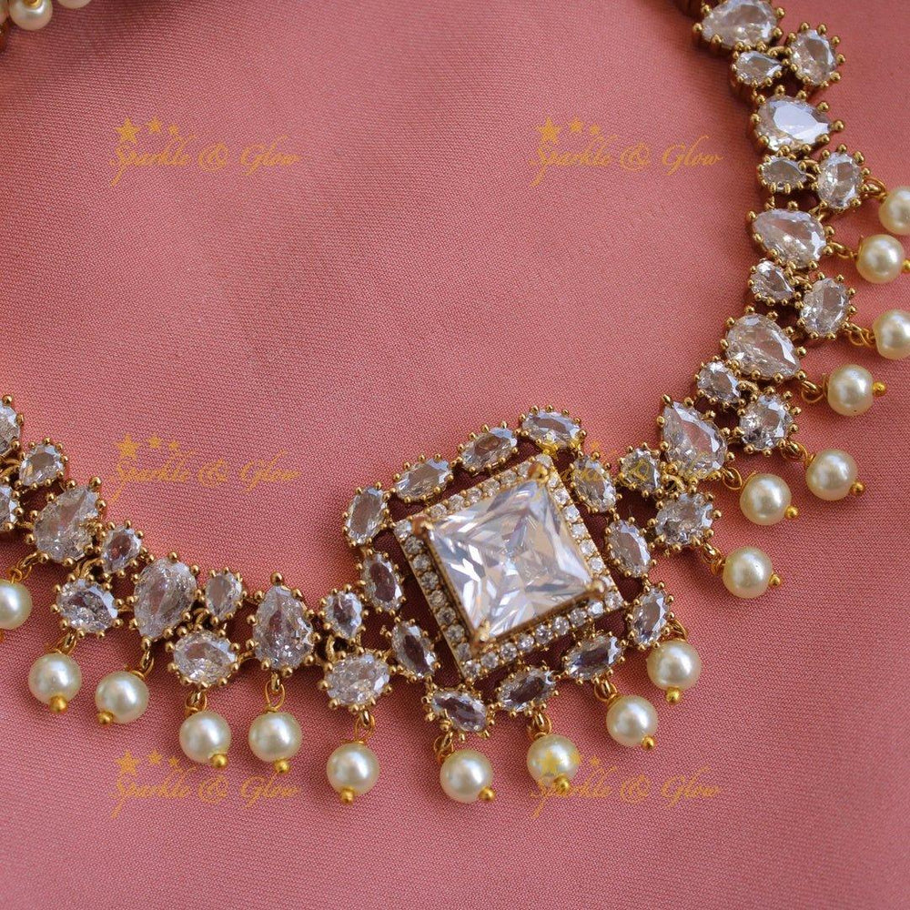 Stunning square stone pendant AD short necklace with white stone and pearl drops - Sparkle and Glow