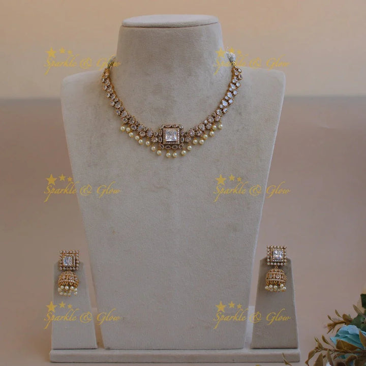 Stunning square stone pendant AD short necklace with white stone and pearl drops - Sparkle and Glow