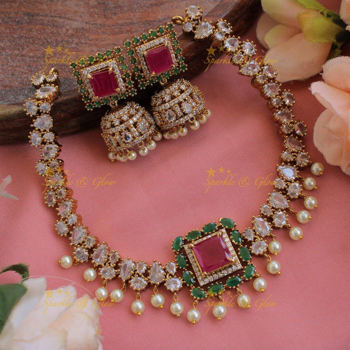 Stunning square stone pendant AD short necklace with ruby emerald and pearl drops - Sparkle and Glow