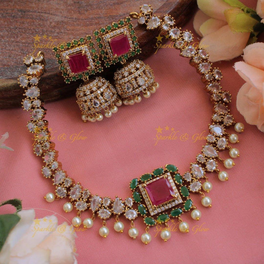 Stunning square stone pendant AD short necklace with ruby emerald and pearl drops - Sparkle and Glow