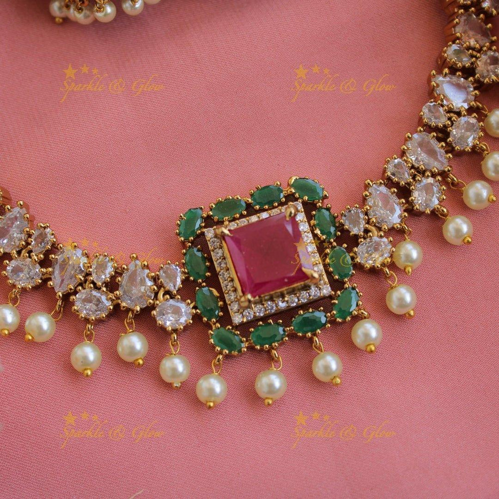 Stunning square stone pendant AD short necklace with ruby emerald and pearl drops - Sparkle and Glow