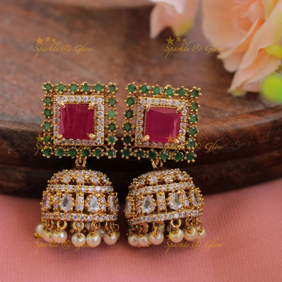 Stunning square stone pendant AD short necklace with ruby emerald and pearl drops - Sparkle and Glow