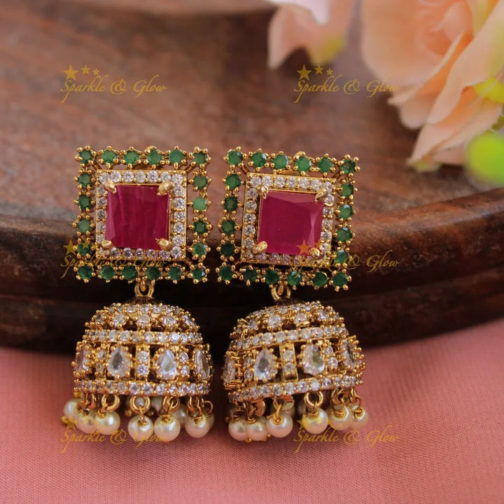 Stunning square stone pendant AD short necklace with ruby emerald and pearl drops - Sparkle and Glow