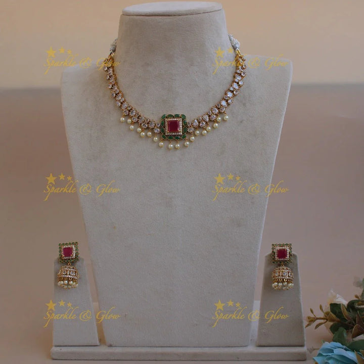 Stunning square stone pendant AD short necklace with ruby emerald and pearl drops - Sparkle and Glow