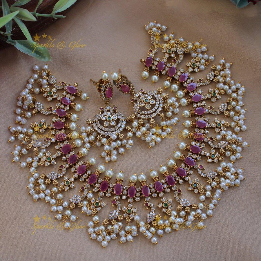 Beautiful Peacock floral design gutta pusalu AD short necklace with ruby and multi colour stones - Sparkle and Glow