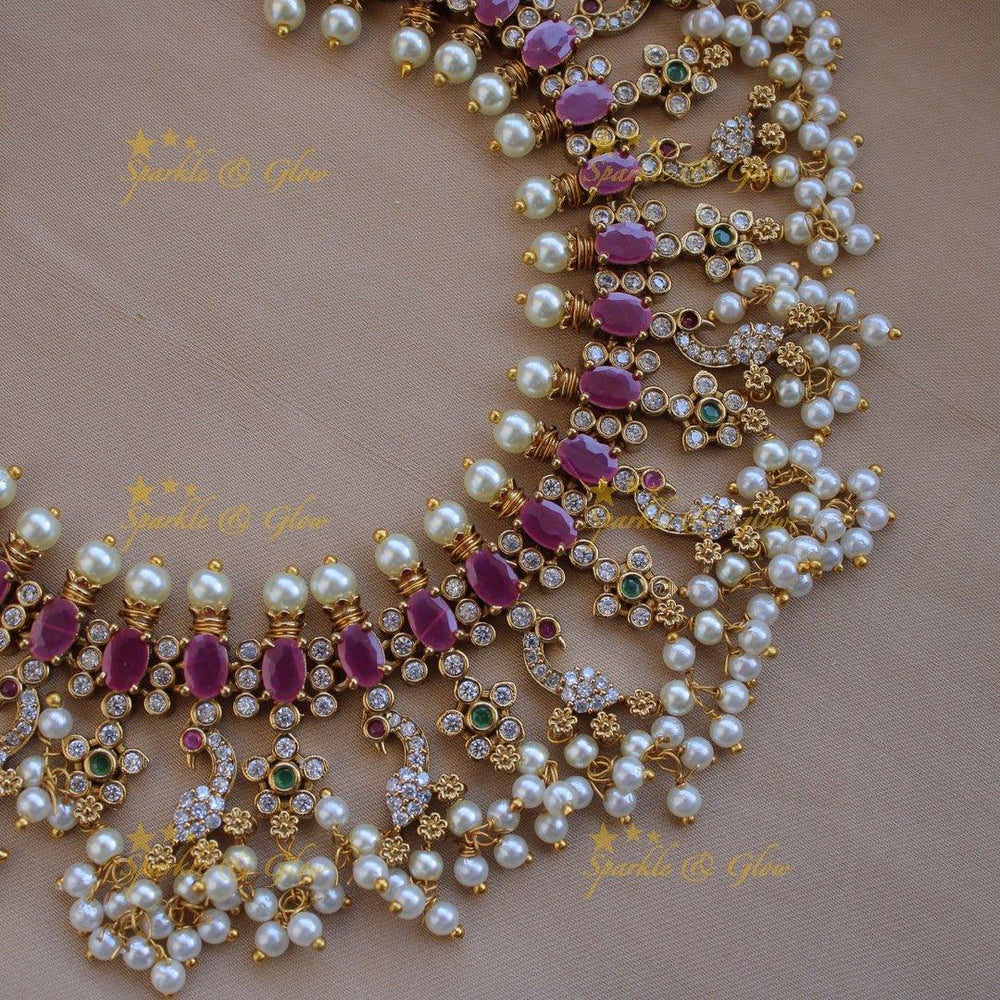 Beautiful Peacock floral design gutta pusalu AD short necklace with ruby and multi colour stones - Sparkle and Glow