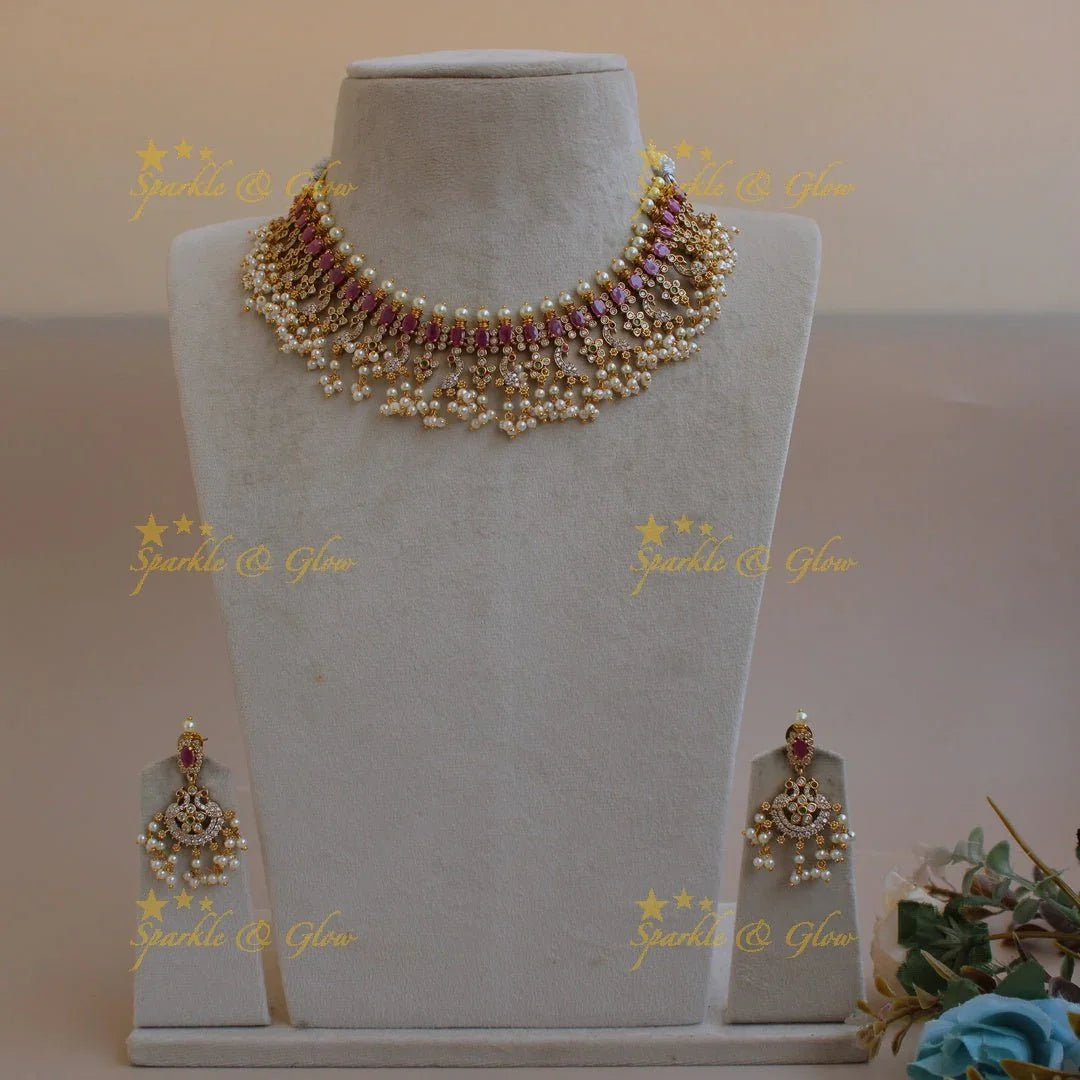 Beautiful Peacock floral design gutta pusalu AD short necklace with ruby and multi colour stones - Sparkle and Glow
