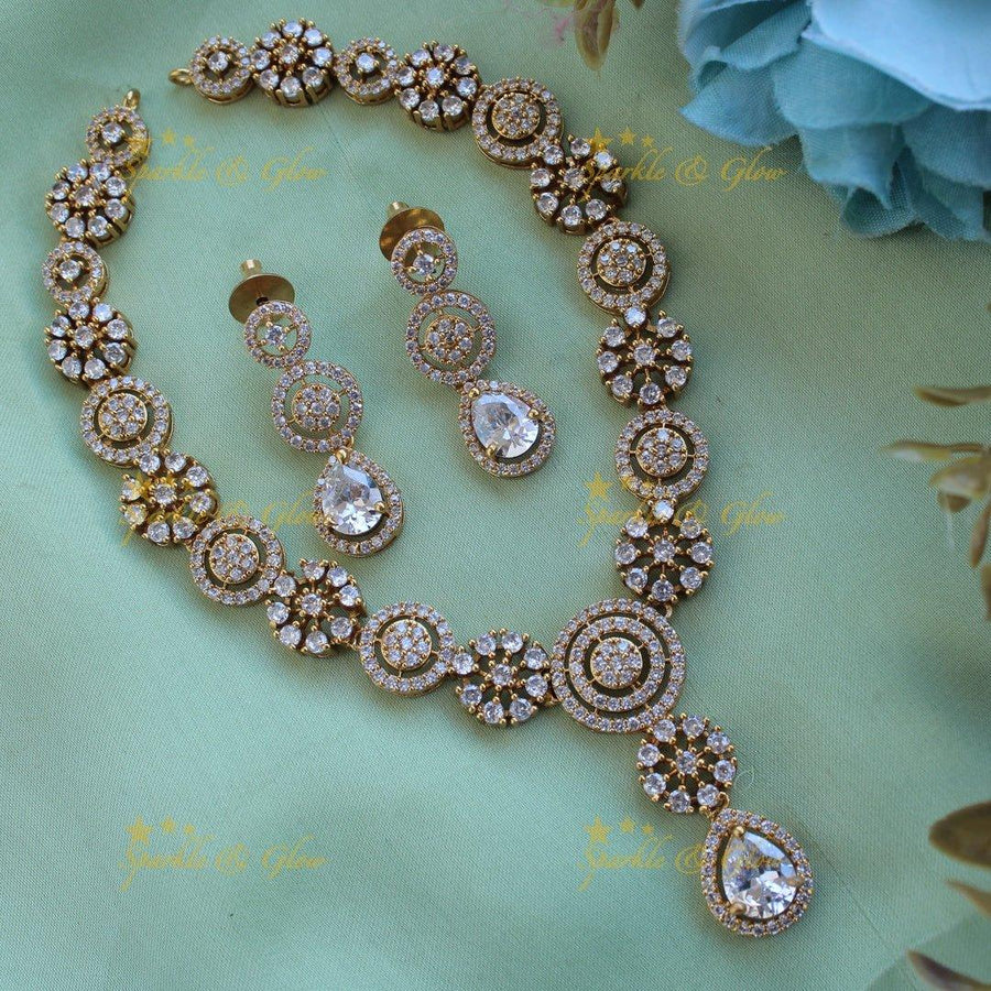 Statement Floral and spiral design AD short necklace with white stones - Sparkle and Glow