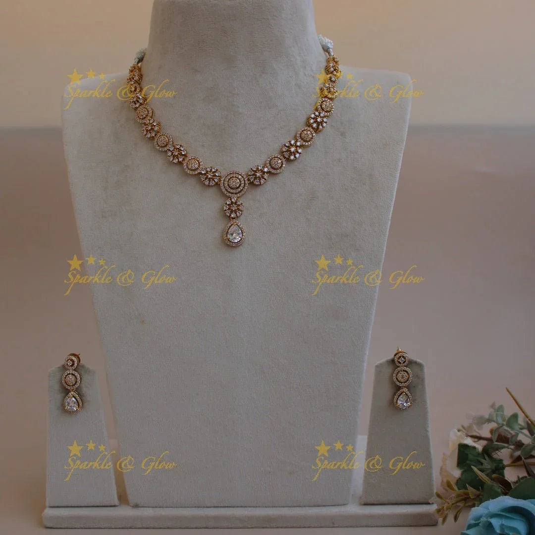 Statement Floral and spiral design AD short necklace with white stones - Sparkle and Glow