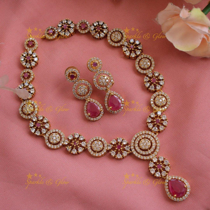 Statement Floral and spiral design AD short necklace with ruby stones - Sparkle and Glow