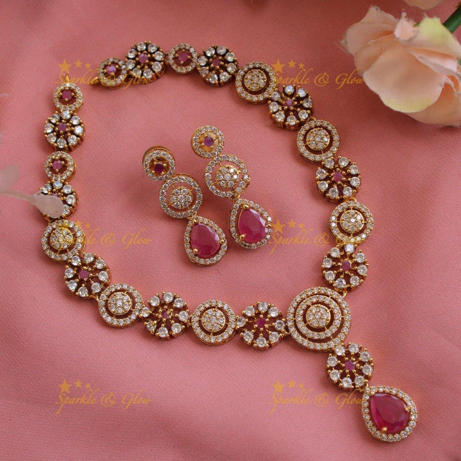 Statement Floral and spiral design AD short necklace with ruby stones - Sparkle and Glow