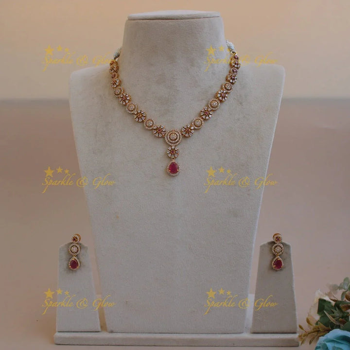 Statement Floral and spiral design AD short necklace with ruby stones - Sparkle and Glow