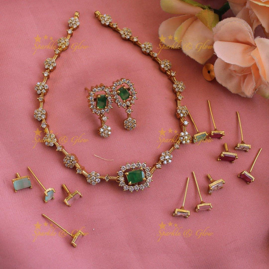 Elegant Floral design AD short necklace with multi colour interchangeable stones - Sparkle and Glow