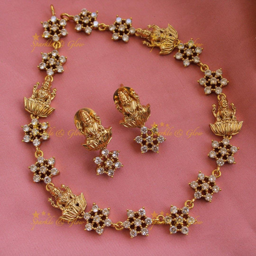 Beautiful Lakshmi floral design AD short necklace - Sparkle and Glow
