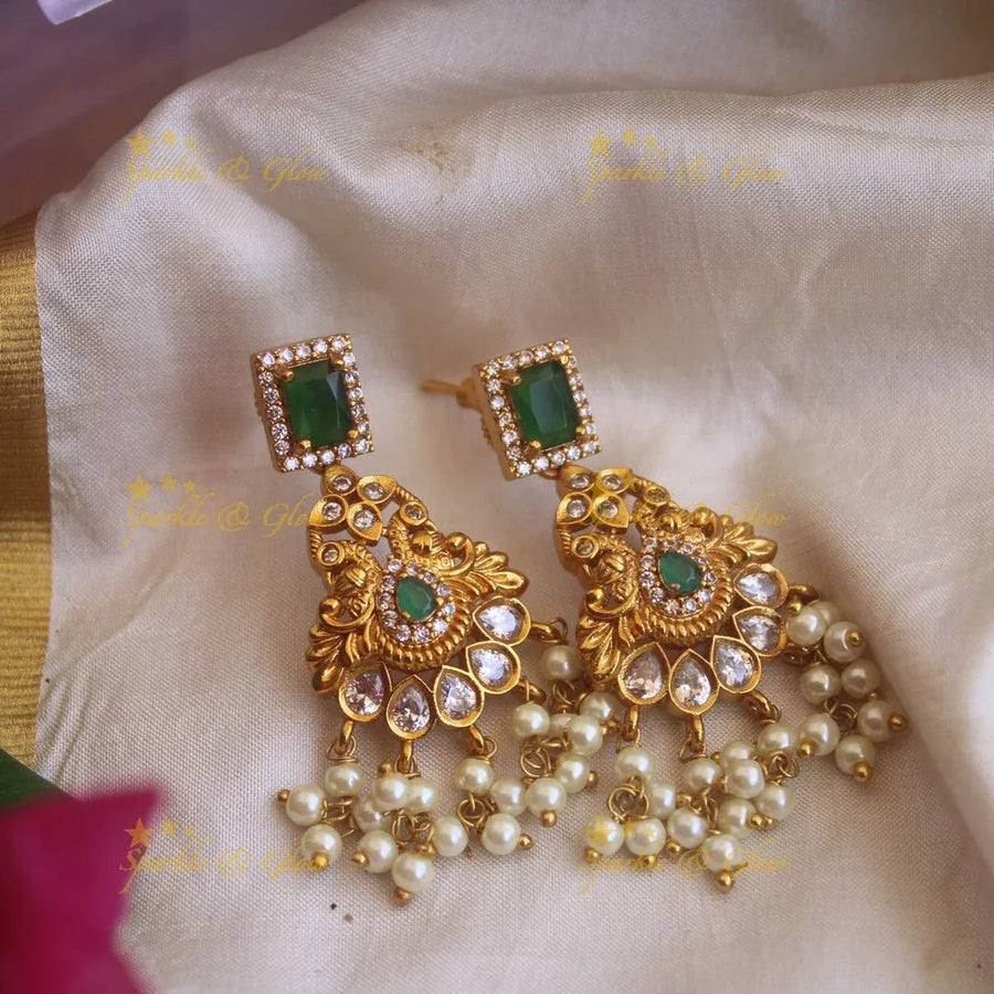 Beautiful Gold Peacock earrings with Pearls beads - Sparkle and Glow