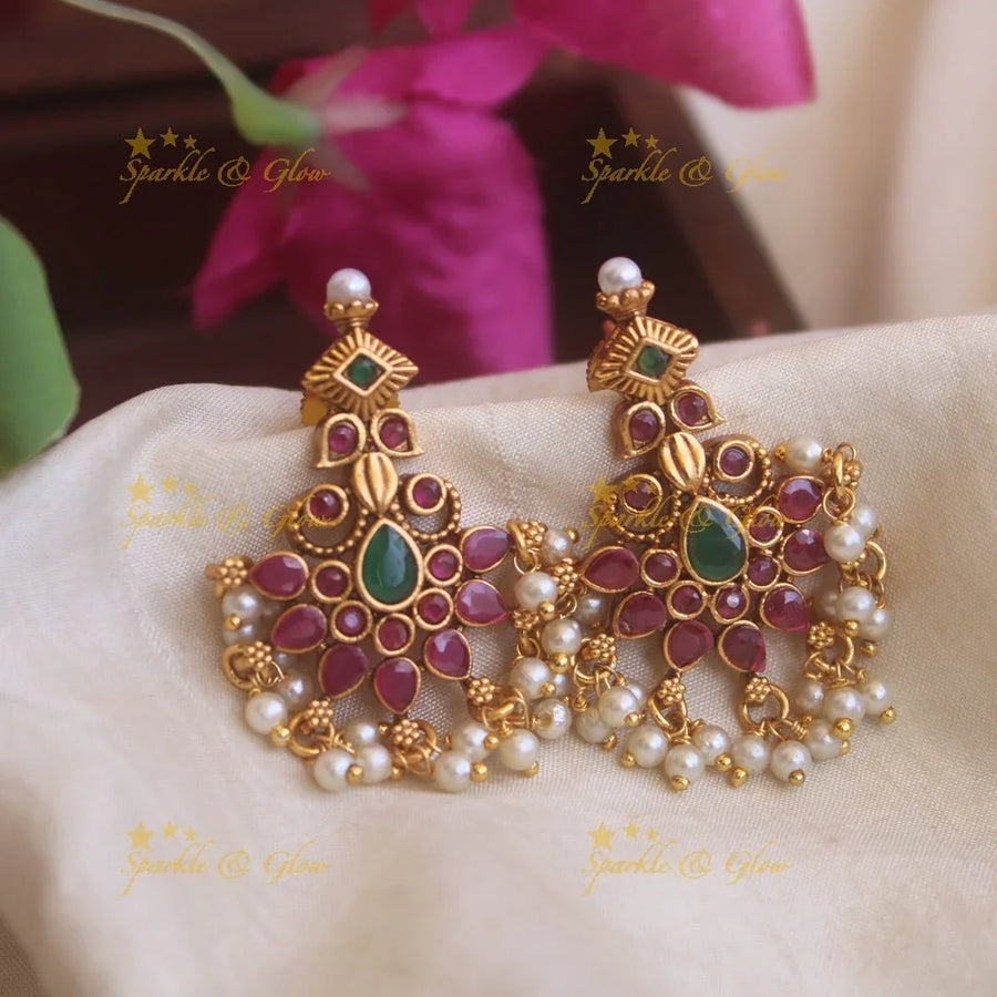 Simple kemp stone Earrings with Pearls Beads - Sparkle and Glow