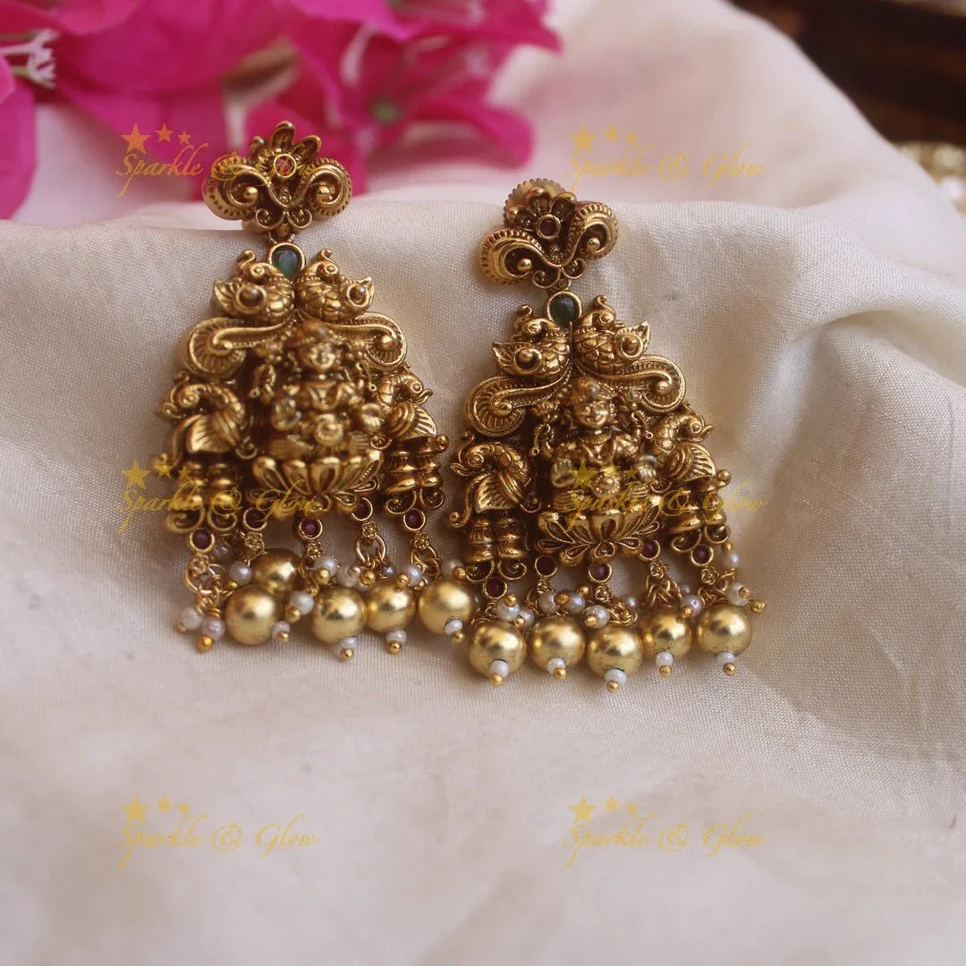 Elegant Gold alike Lakshmi peacock earrings with gold beads - Sparkle and Glow