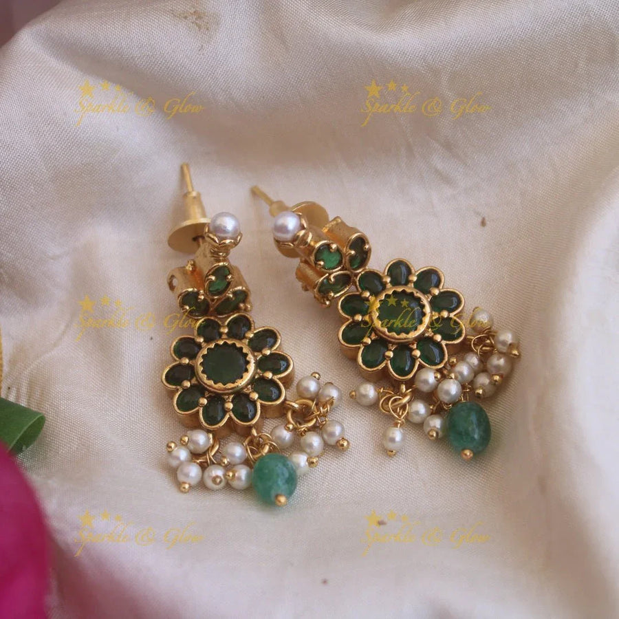 Simple Gold alike Floral Earrings with Green Stone - Sparkle and Glow