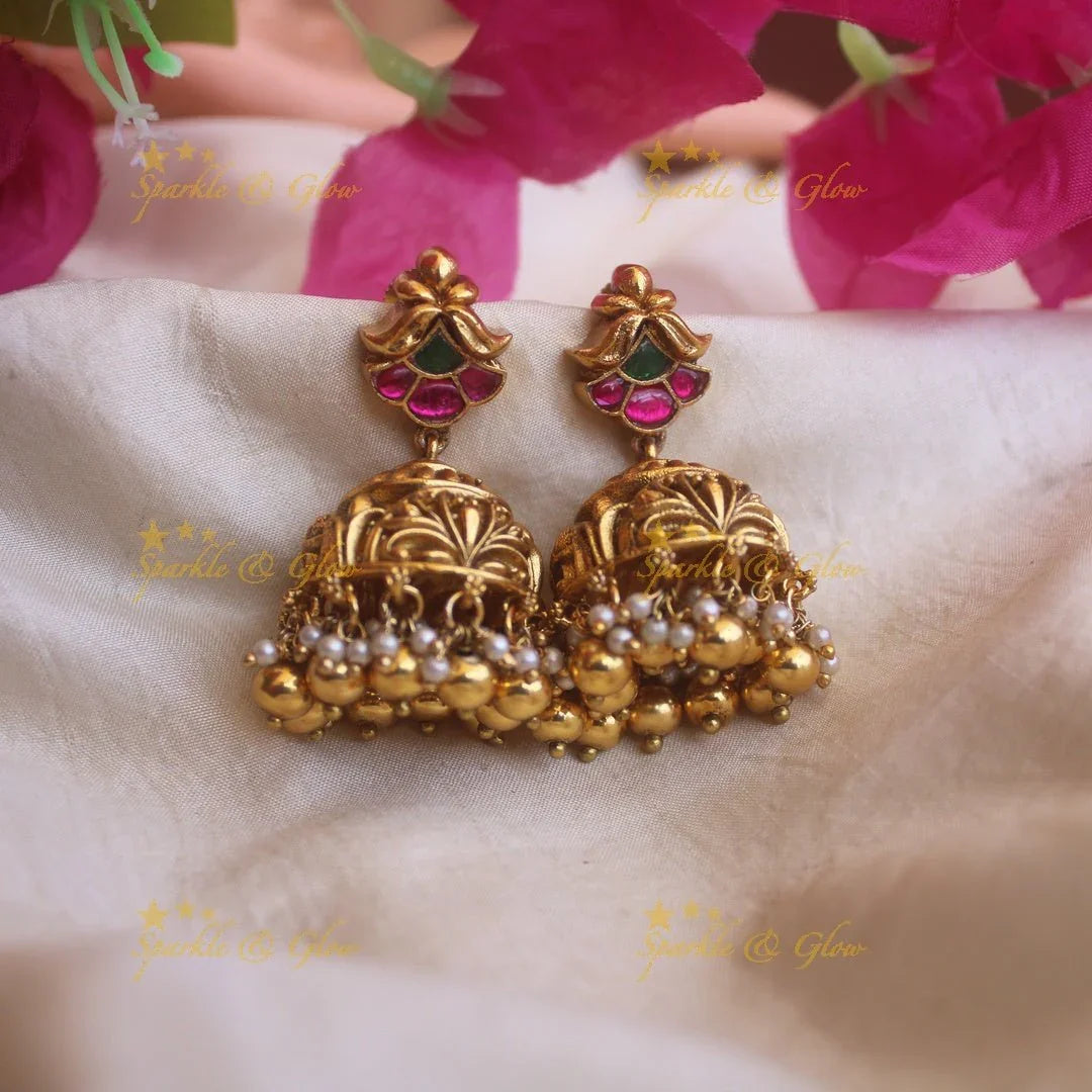 Simple Jadau Floral Earrings with Gold beads - Sparkle and Glow