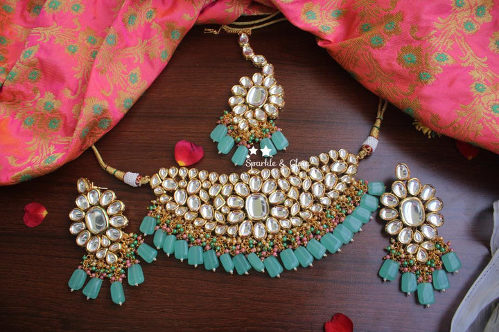 Grand Kundan stone necklace with pastel green beads. - Sparkle and Glow