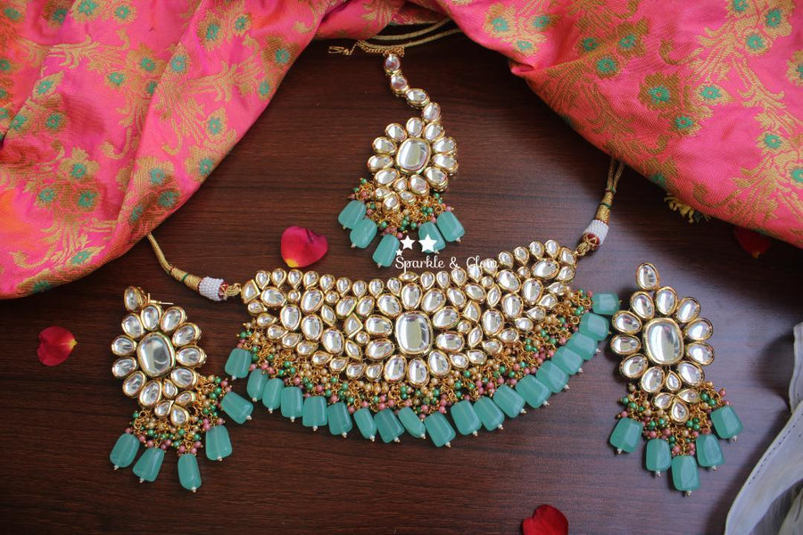 Grand Kundan stone necklace with pastel green beads. - Sparkle and Glow