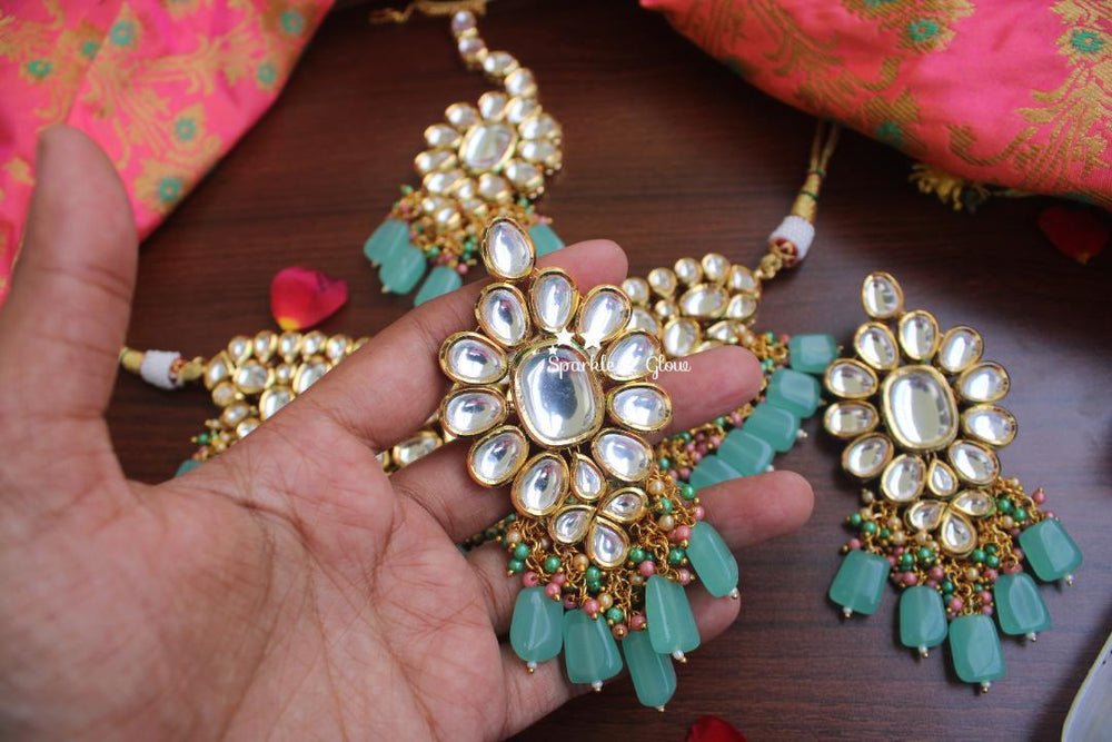 Grand Kundan stone necklace with pastel green beads. - Sparkle and Glow
