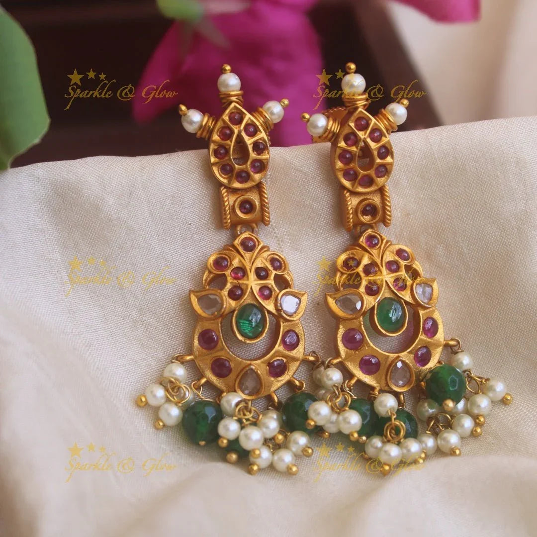 Beautiful Peacock earrings with Pearls and Green beads - Sparkle and Glow