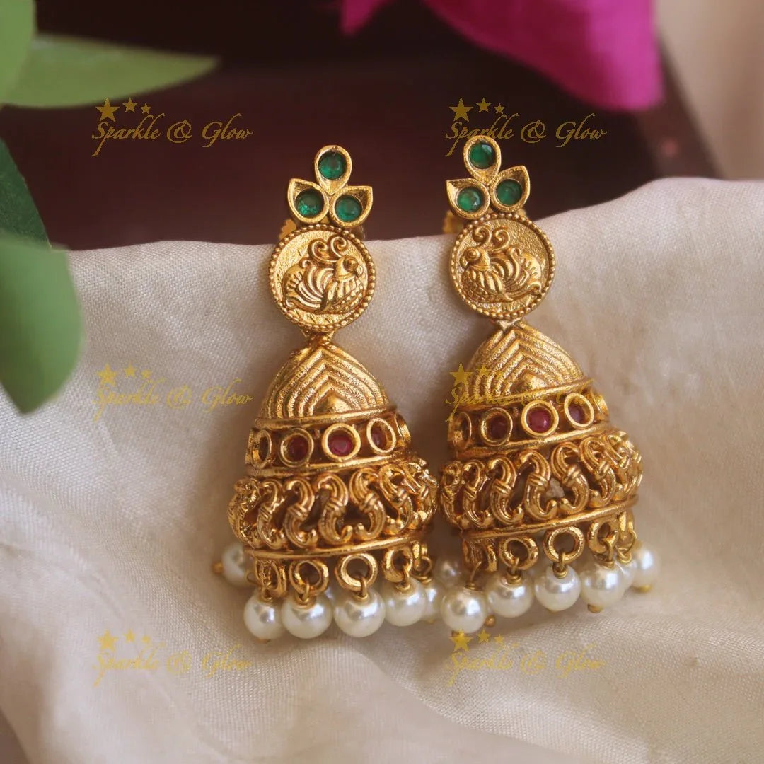 Elegant Gold alike Peacock earrings with Pearls beads - Sparkle and Glow