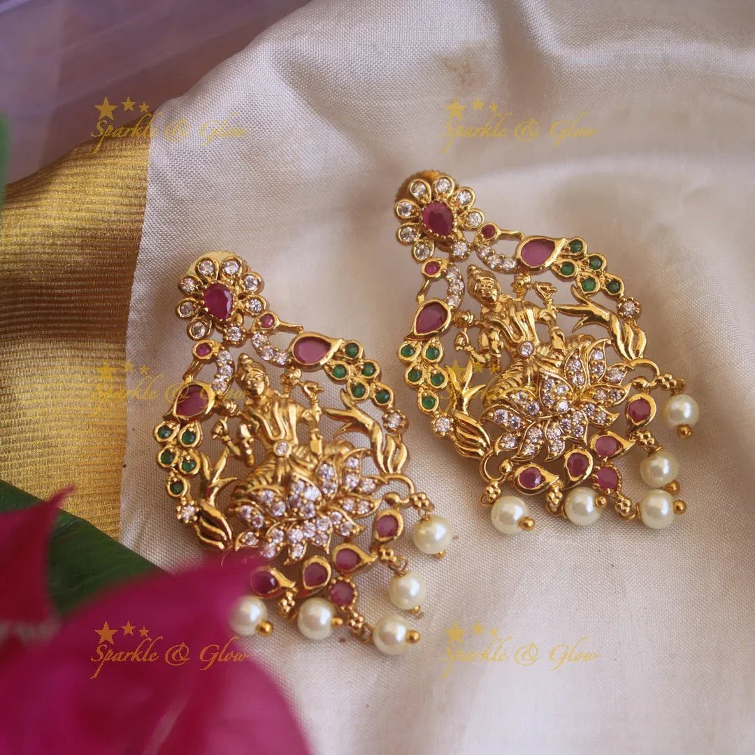 Elegant Gold Alike Lakshmi earrings with pearls beads - Sparkle and Glow