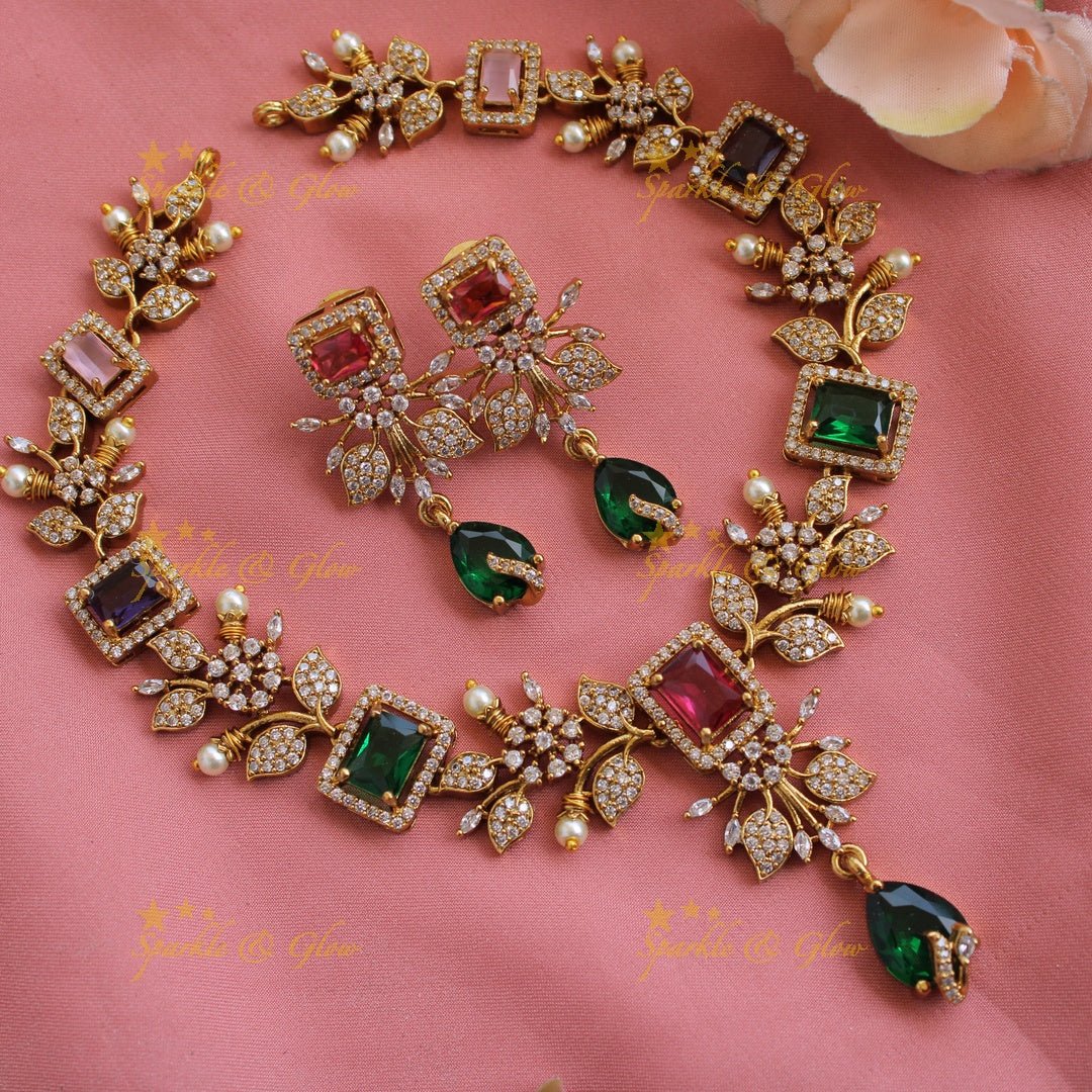 Elegant Floral and leaf design AD short necklace with multi colour stones - Sparkle and Glow - Back Chain - 