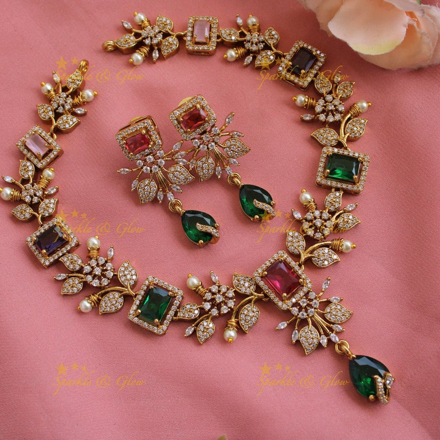 Elegant Floral and leaf design AD short necklace with multi colour stones - Sparkle and Glow - Back Chain - 