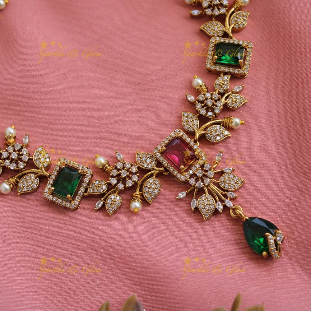 Elegant Floral and leaf design AD short necklace with multi colour stones - Sparkle and Glow - Back Chain - 