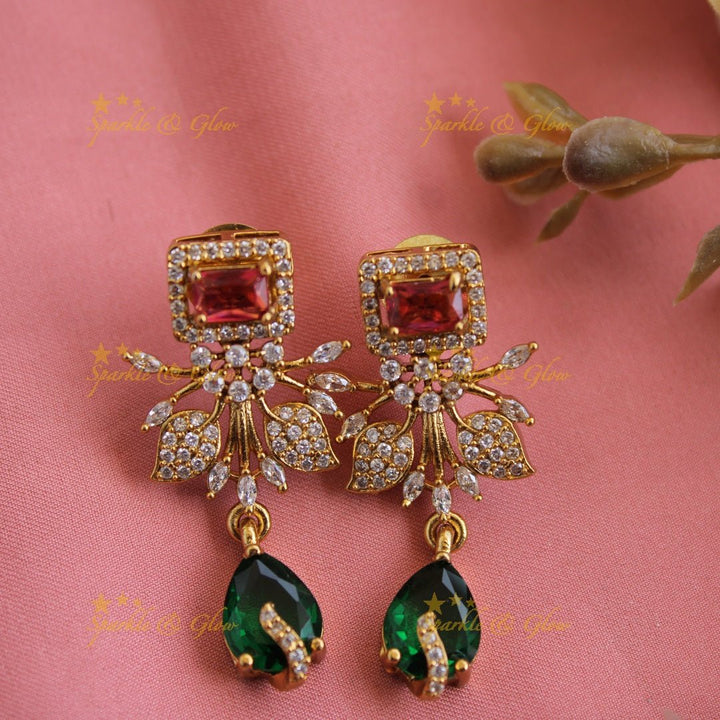 Elegant Floral and leaf design AD short necklace with multi colour stones - Sparkle and Glow - Back Chain - 