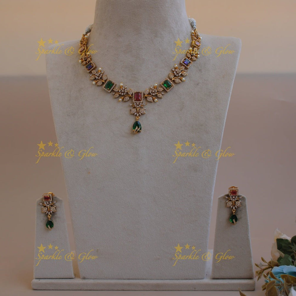 Elegant Floral and leaf design AD short necklace with pearls and ruby stones - pink - Sparkle and Glow - Green - Back Thread