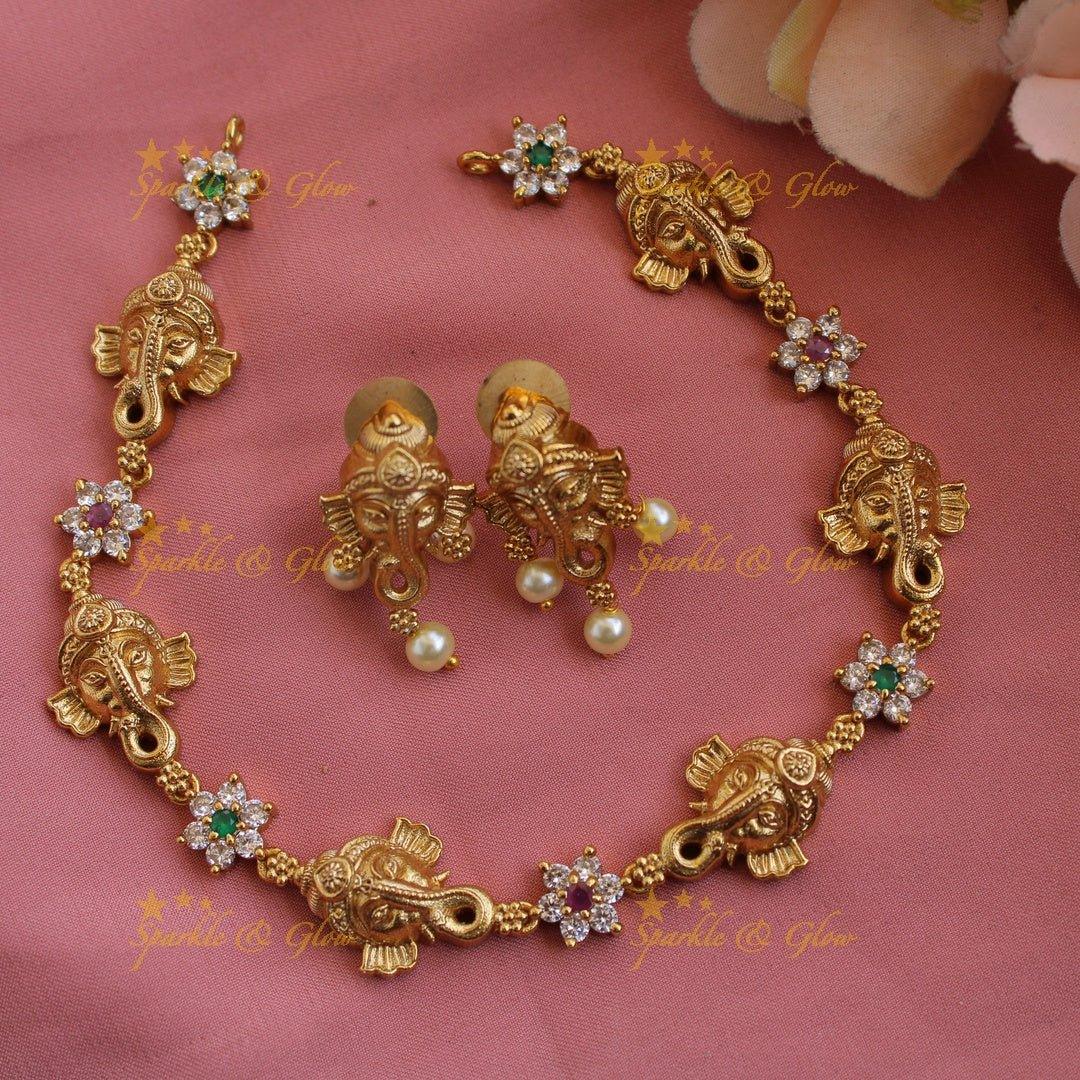 Ganesha floral design AD short necklace with multi colour stones - Sparkle and Glow