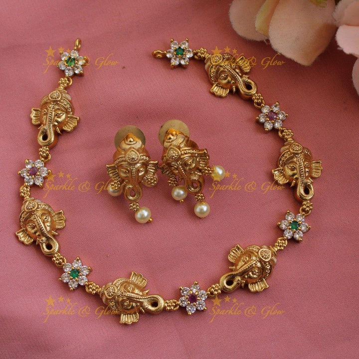 Ganesha floral design AD short necklace with multi colour stones - Sparkle and Glow